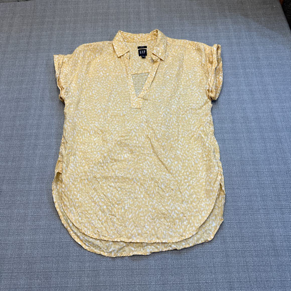 Linen Shirt Womens Small Tall Yellow 100%‎ Linen Coastal Deep V Popover Abstract - Picture 1 of 8